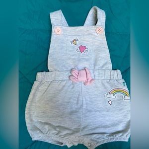 (bon bebe) 18M overall shorts, cotton, grey & pink with rainbow & hearts